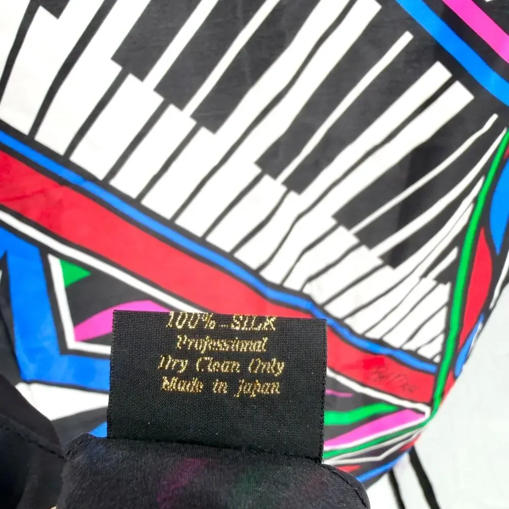 Vintage 80s Bob Mackie Black 100% Silk Piano Cityscape Scarf